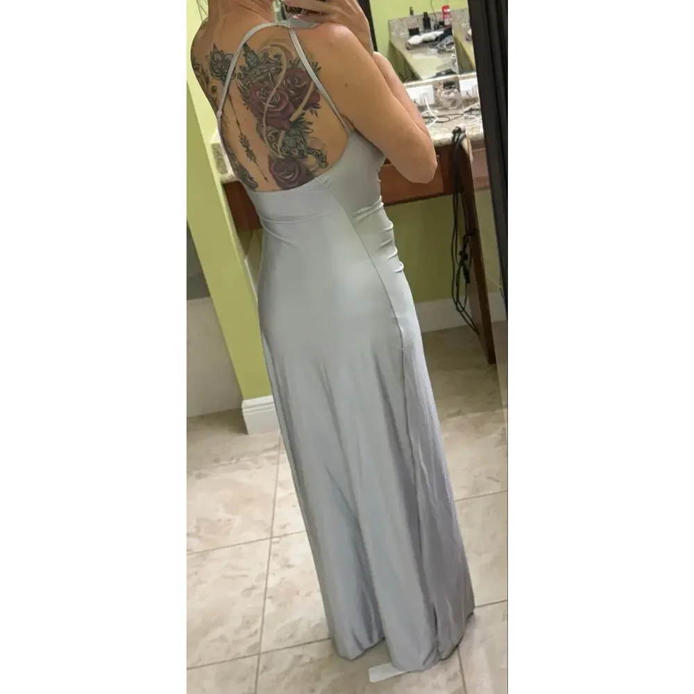 OYS One Shoulder Satin High Split Wedding Maxi Formal silver dress NWT Medium - Picture 4 of 5